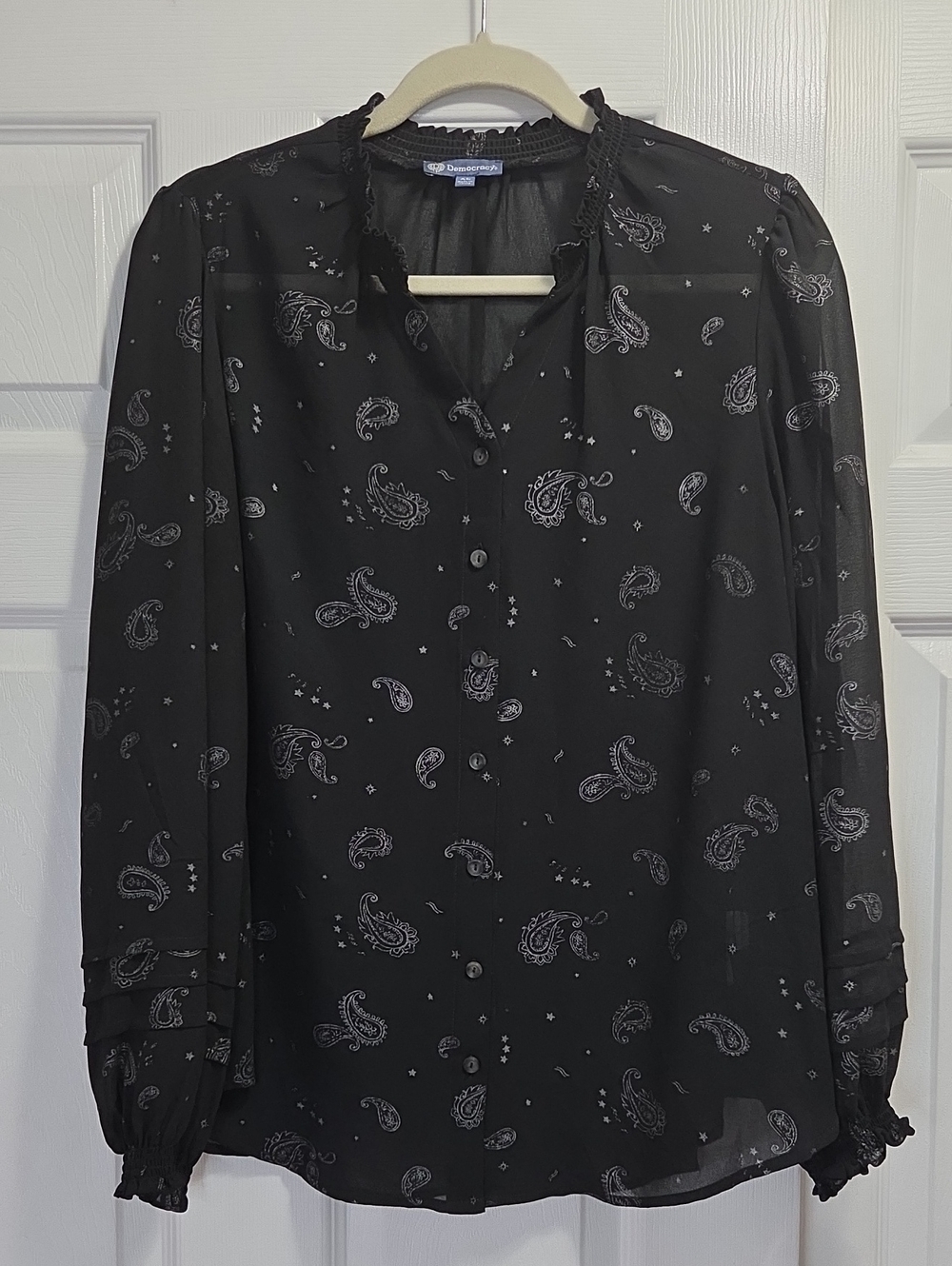Democracy Black Paisley Button-Front Ruffle Neck Blouse